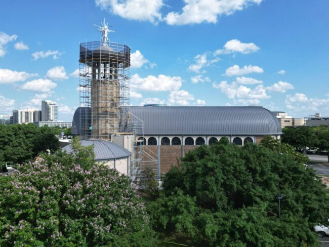 scaffolding around bell tower